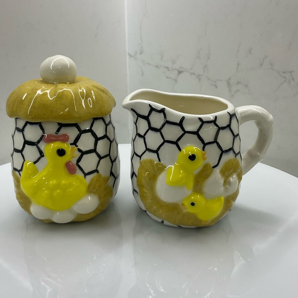 Vintage 70’s Chicken Little Ceramic Sugar & Creamer Set Farm House Easter Decor